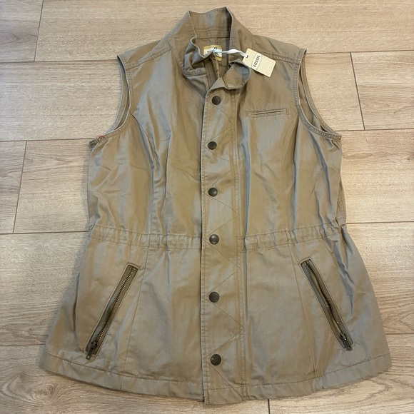 NWT Fossil Women’s Utility Vest Sienna Dark Khaki 100% Cotton Size XL - Picture 1 of 6